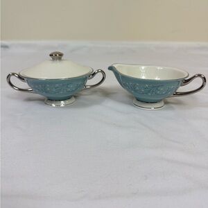 Vintage 1970's Syracuse China MINUET Pattern Creamer &Sugar Bowl Set Blue Silver